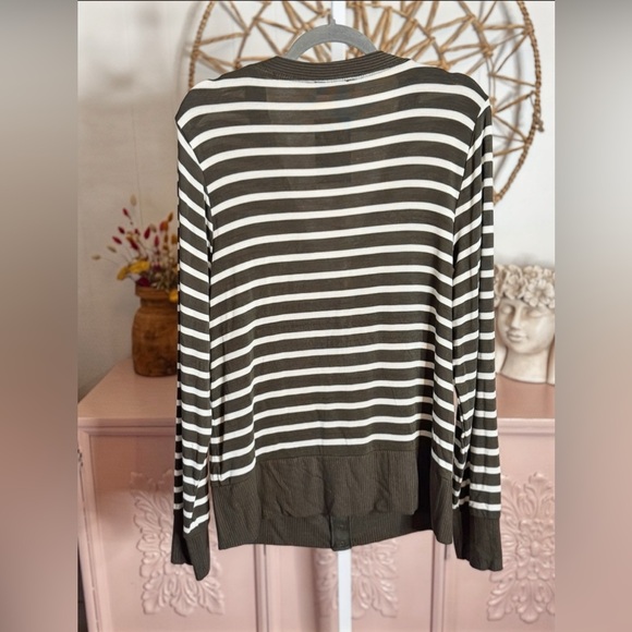 Zenana 1X Olive and white Striped V-Neck Button-Up Sweater - Picture 2 of 5